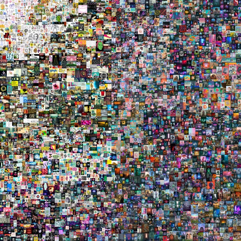 Beeple’s square collage of five thousand daily images, arranged in a dense mosaic.