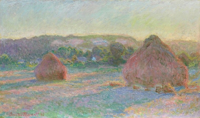 Two stacks of wheat in a field, painted in soft pink, gold and blue light.