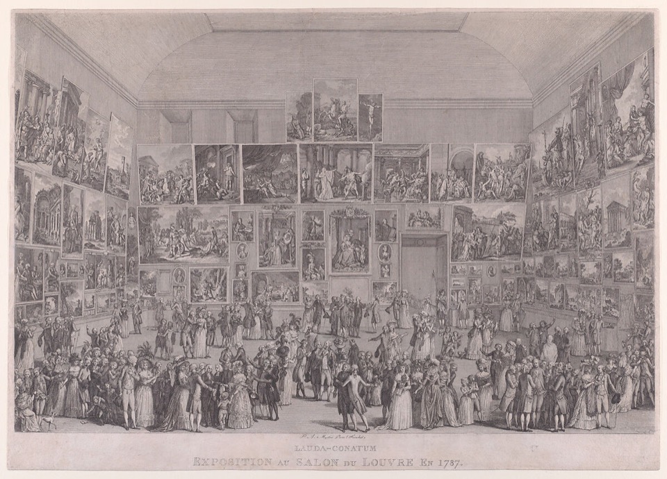 Crowds gather in the Paris Salon beneath walls packed from floor to ceiling with paintings.