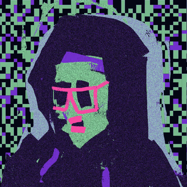 A green and purple glitch portrait with bright pink glasses, by XCOPY.